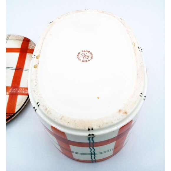 Red Plaid Storage Container Hand Painted Ceramic Crazed Vintage Takito Company - Picture 13 of 16
